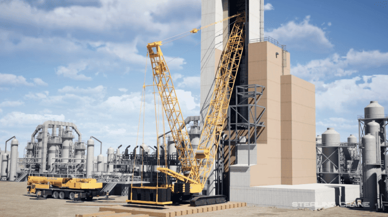 A 3D animation of a big crane replacing a gas reactor.