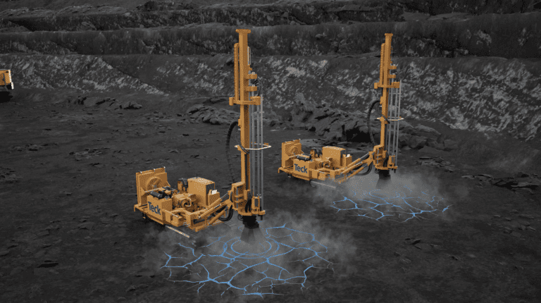 A 3D animation of a mining trucks collecting minerals.